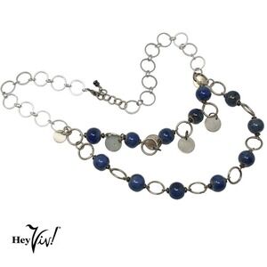 Vintage Double Strand Necklace w Circle Pieces & Blue Green Beads 21" - Hey Viv
